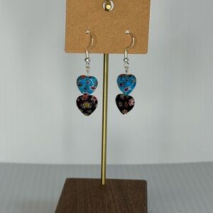 Lampwork Heart-Shaped Blue and Black Earrings